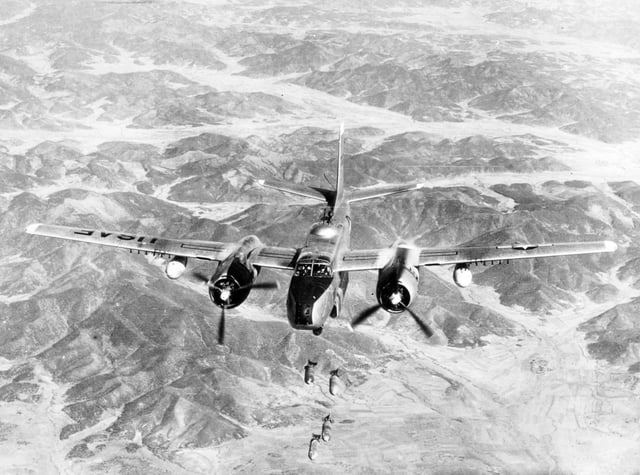 A USAF Douglas B-26B Invader of the 452nd Bombardment Wing bombing a target in North Korea, 29 May 1951
