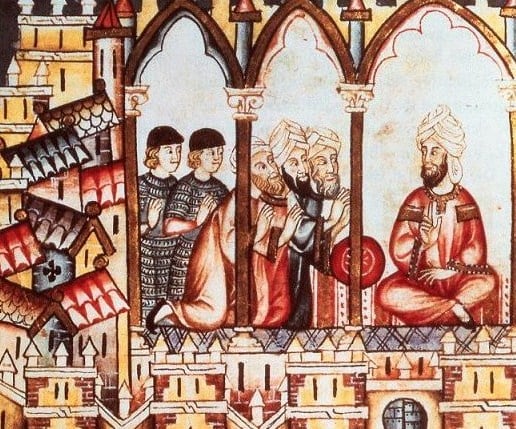 Castillian ambassadors meeting Almohad caliph Abu Hafs Umar al-Murtada, contemporary depiction from the Cantigas de Santa María