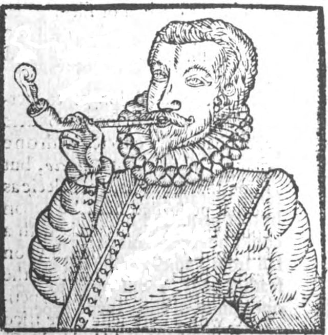The earliest depiction of a European man smoking, from Tobacco by Anthony Chute, 1595.