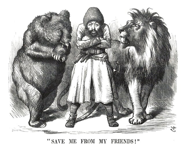 Political cartoon from the period of the Great Game showing the Afghan Amir Sher Ali with his "friends" Imperial Russia and the United Kingdom (1878)