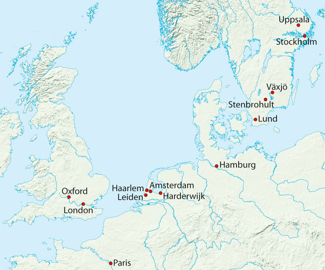 Cities where he worked; those outside Sweden were only visited during 1735–1738.
