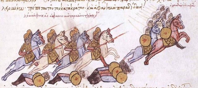 The general Leo Phokas defeats the Hamdanid Emirate of Aleppo at Andrassos in 960, from the Madrid Skylitzes.