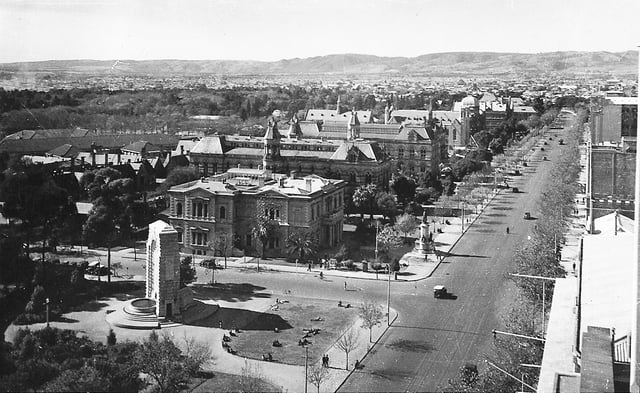North Terrace, looking north-east from near King William Street, ca. 1940. (Kintore Avenue in the foreground).