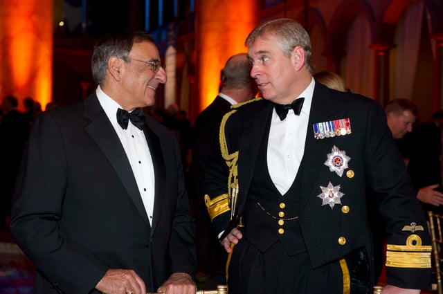 The Duke of York with the US Secretary of Defense Leon Panetta commemorating the 100th anniversary of Naval Aviation at the National Building Museum in 2011