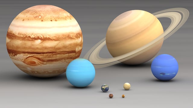 The outer planets (in the background) Jupiter, Saturn, Uranus and Neptune, compared to the inner planets Earth, Venus, Mars and Mercury (in the foreground).