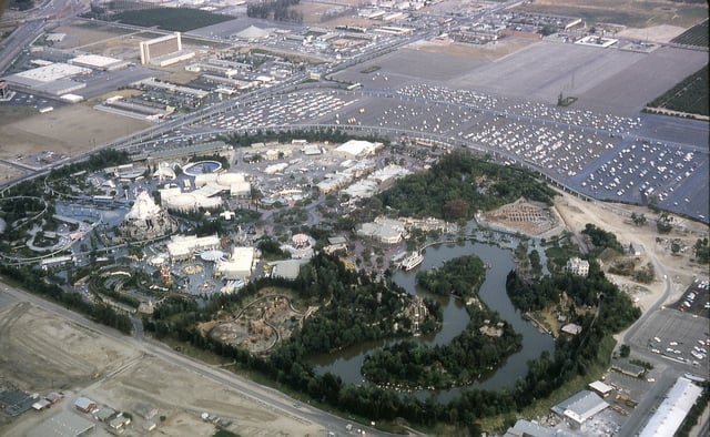 Disneyland aerial view, 1963, which includes the new Melody Land Theater at the top of the photo