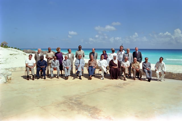 Marcos at the North–South Summit on International Cooperation and Development in Cancun alongside other world leaders including I. Gandhi, F. Mitterrand, R. Reagan, M. Thatcher, K. Waldheim, Zhao Ziyang; October 23, 1981.