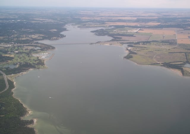 Lake Waco – southern half of the lake with State Highway 6 Twin Bridges in view