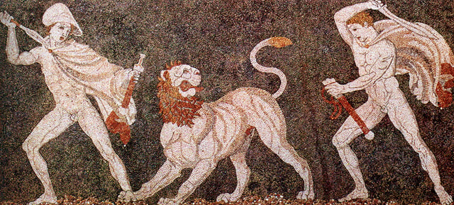 Alexander (left), wearing a kausia and fighting an Asiatic lion with his friend Craterus (detail); late 4th century BC mosaic, Pella Museum