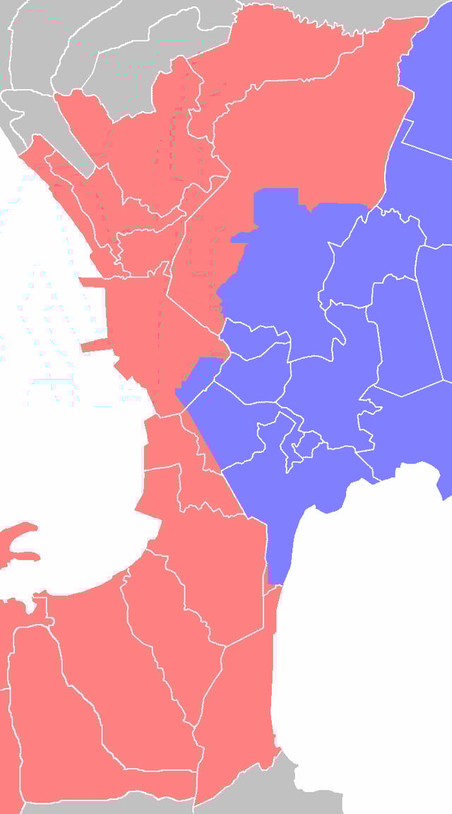 Water zones for Metro Manila and the surrounding areas. Maynilad Water Services operates in the red areas while Manila Water operates in the blue areas.