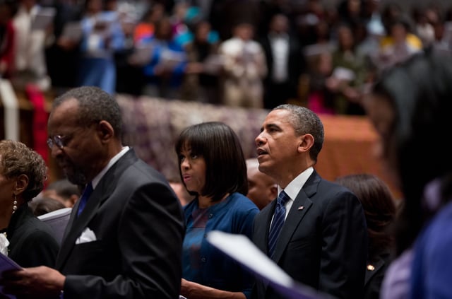 The Obamas attend a church service in Washington, D.C., January 2013.