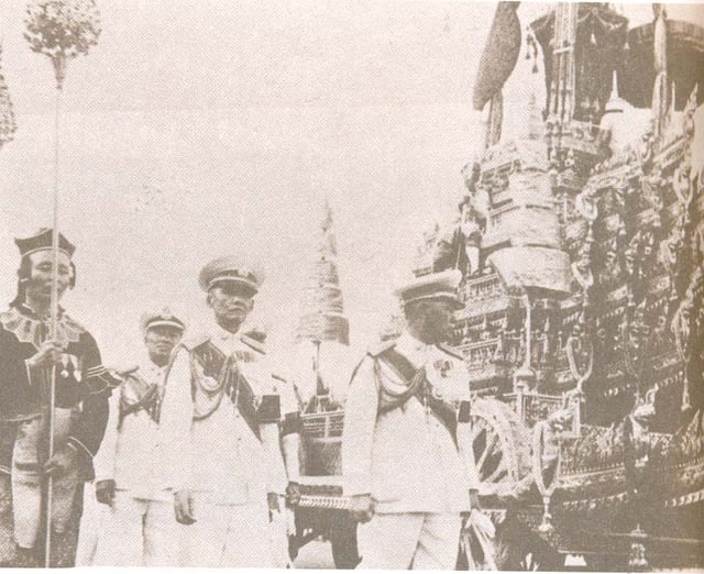 Royal aide-de-camp (center) in the ceremonial progress for the royal funeral of King Ananda Mahidol