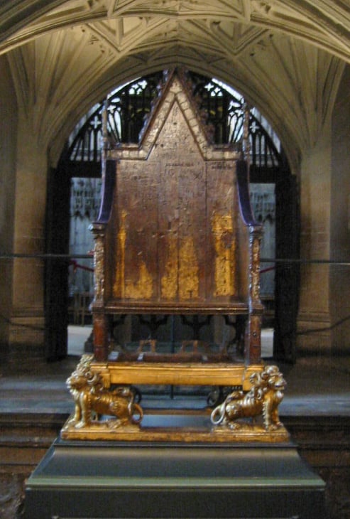 King Edward's Chair, in Westminster Abbey. Originally, the Stone of Destiny was kept in the gap beneath the seat; it is now held in Edinburgh Castle.