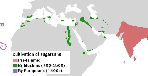 The westward diffusion of sugarcane in pre-Islamic times (shown in red), in the medieval Muslim world (green), and in the 15th century by the Portuguese on the Madeira archipelago, and by the Spanish on the Canary Islands archipelago (islands west of Africa, circled by violet lines)