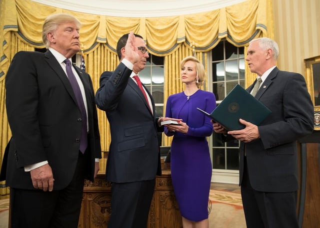 Mnuchin being sworn in at the Oval Office.