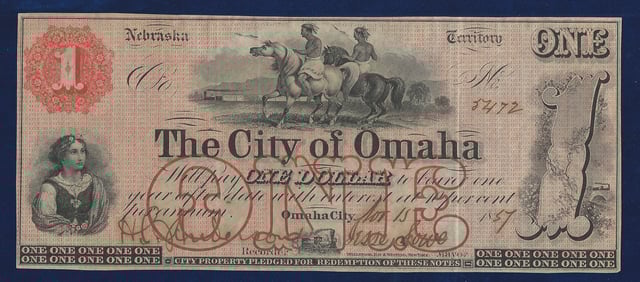 Nebraska Territory, $1 City of Omaha 1857 uniface banknote. The note is signed by Jesse Lowe, in his function as first Mayor of Omaha City. It was issued as scrip in 1857 to help fund the erection of the Territorial capitol building.