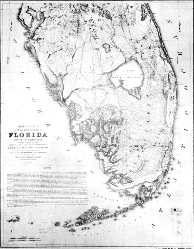 Map of the Everglades in 1856: Military action during the Seminole Wars improved understanding of the features of the Everglades