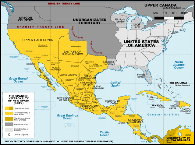 The Viceroyalty of New Spain in 1821, after the Adams–Onís Treaty took effect.  (NOTE: Many boundaries outside of New Spain are shown incorrectly.)