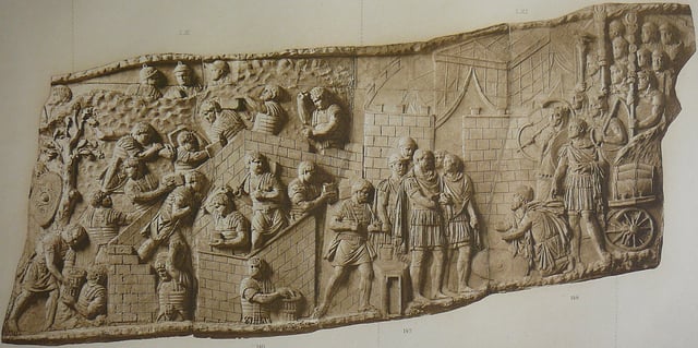 Relief panel from Trajan's Column showing the building of a fort and the reception of a Dacian embassy