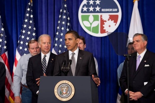 President Barack Obama speaks about the 2,000th project approved through the ARRA. The president is joined by Vice President Joe Biden and Secretary of Transportation Ray LaHood.