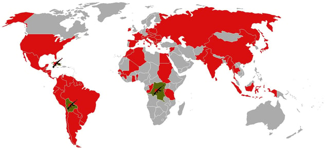 Countries Che Guevara visited (red) and those in which he participated in armed revolution (green)