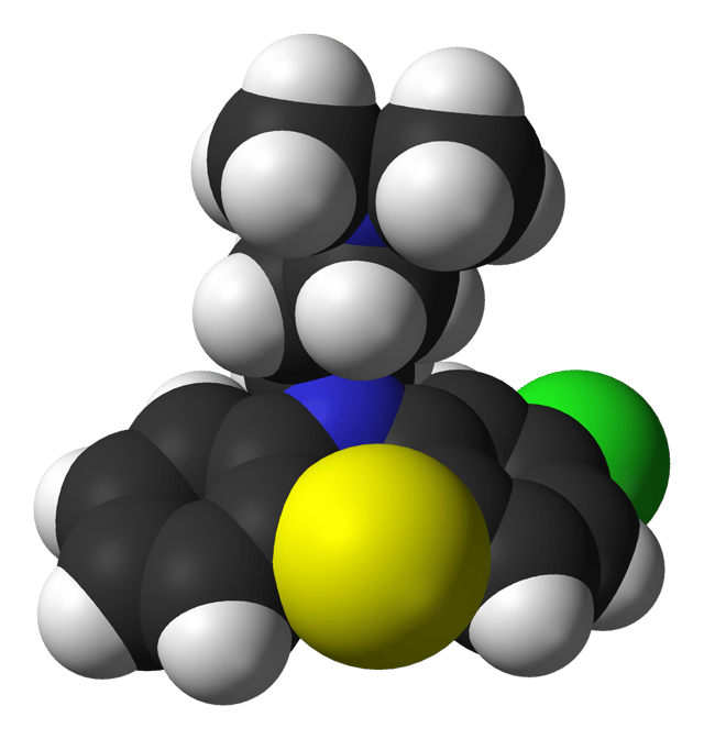 A molecule of chlorpromazine (trade name Thorazine), which revolutionized treatment of schizophrenia in the 1950s