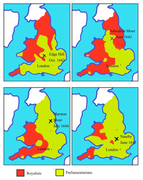 Maps of territory held by Royalists (red) and Parliamentarians (yellow-green), 1642–1645