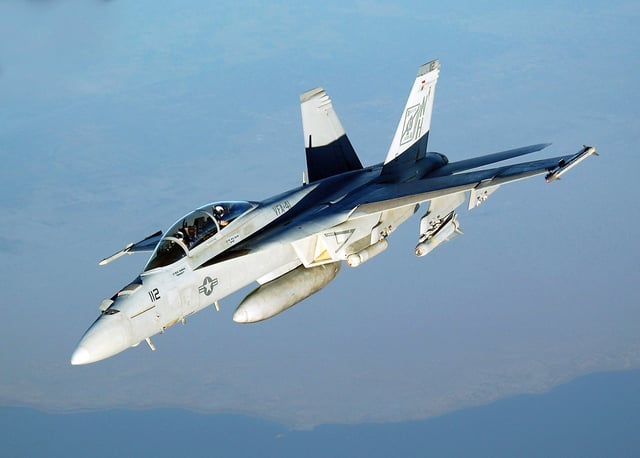 A Boeing F/A-18E Super Hornet produced by Boeing Defense, Space & Security, which is headquartered in St. Louis. The F/A-18E Super Hornet is assembled in the St. Louis area.