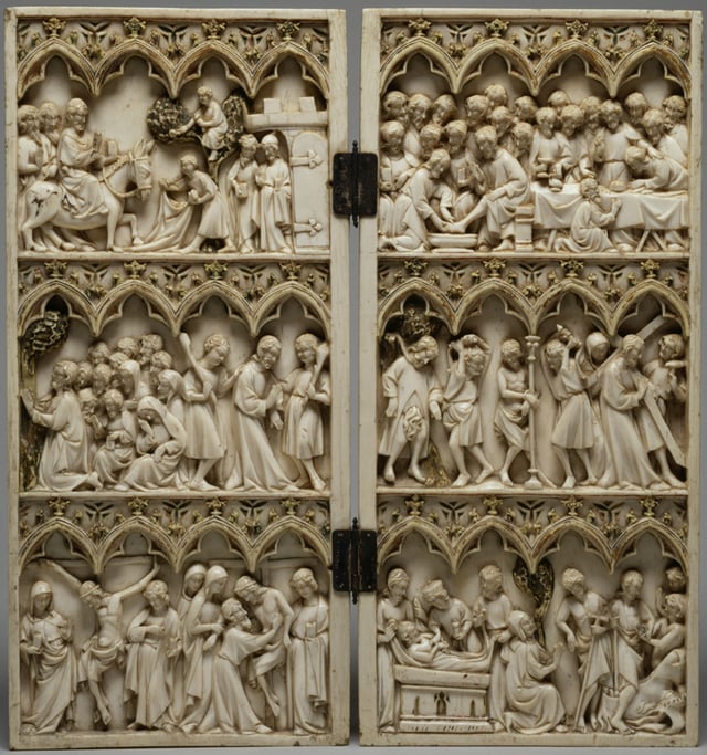 French Gothic diptych, 25 cm (9.8 in) high, with crowded scenes from the Life of Christ