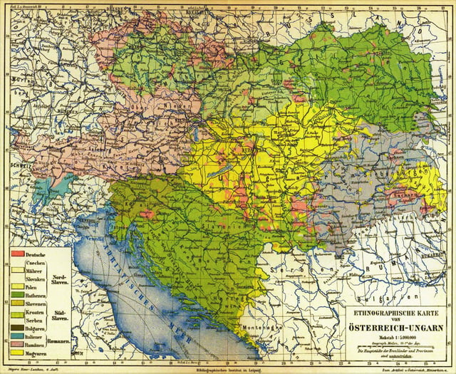 Meyers Konversations-Lexikon ethnographic map of Austria-Hungary, 1885