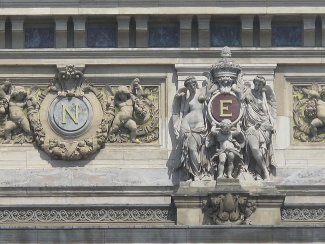 Monogram of "N" for Napoleon III on the façade of the Opéra Garnier in Paris. The "E" is for the empress Eugénie
