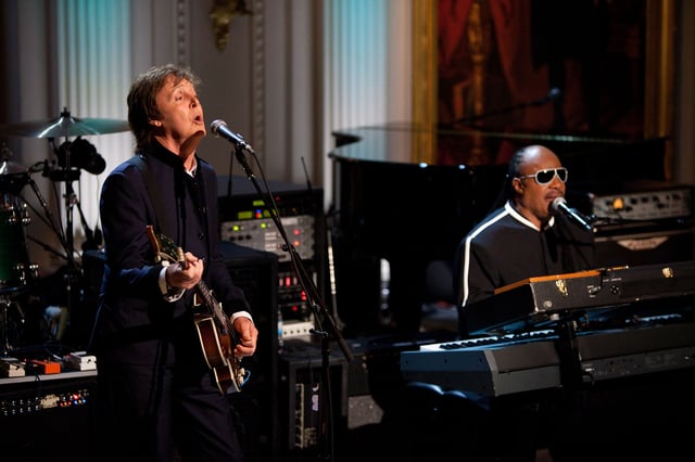 Paul McCartney and Stevie Wonder perform "Ebony and Ivory" at a concert at the White House in 2010.