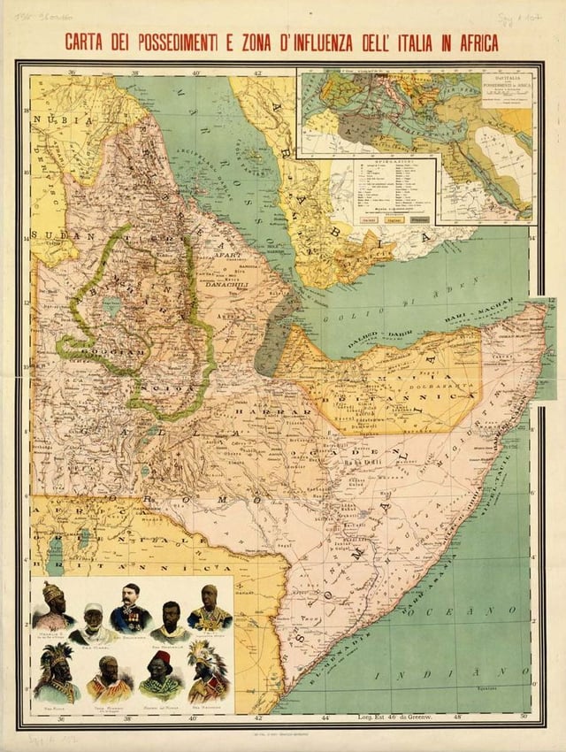 Italian possessions and sphere of influence in the Horn of Africa in 1896.