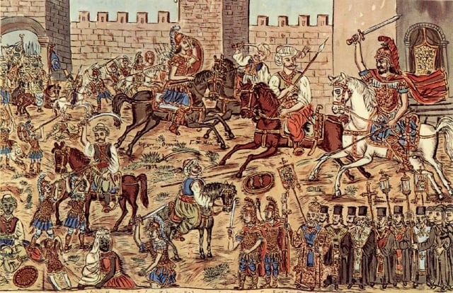 Painting by the Greek folk painter Theophilos Hatzimihail showing the battle inside the city, Constantine is visible on a white horse