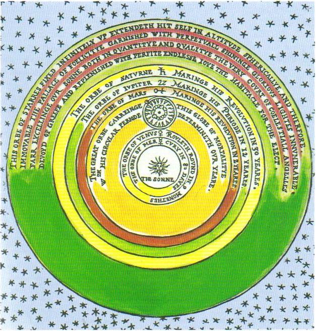 Model of the Copernican Universe by Thomas Digges in 1576, with the amendment that the stars are no longer confined to a sphere, but spread uniformly throughout the space surrounding the planets.