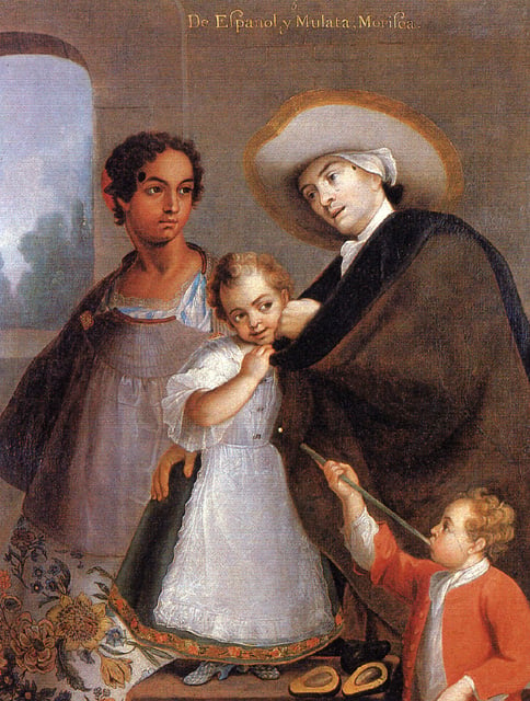 A Spaniard plays with his mixed-race daughter while his Mulatta wife looks on, Miguel Cabrera, 1763, Colonial Mexico.