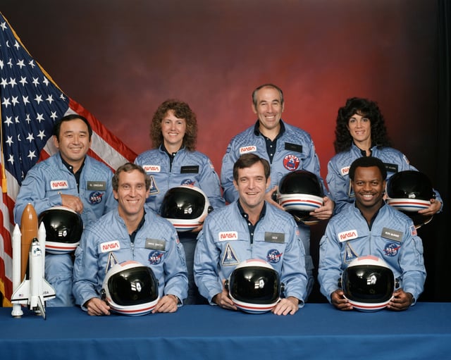 STS-51-L crew: (front row) Michael J. Smith, Dick Scobee, Ronald McNair; (back row) Ellison Onizuka, Christa McAuliffe, Gregory Jarvis, Judith Resnik