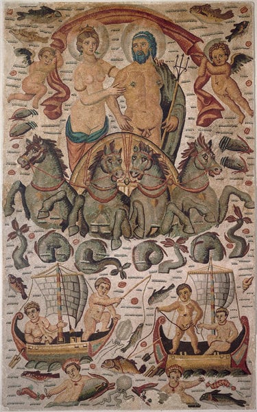 Triumph of Poseidon and Amphitrite showing the couple in procession, detail of a vast mosaic from Cirta, Roman Africa (c. 315–325 AD, now at the Louvre)