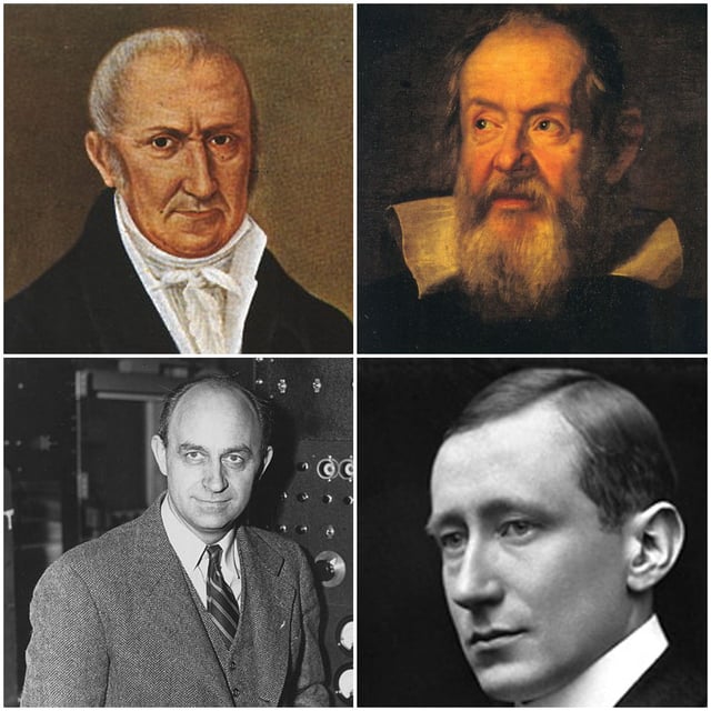Clockwise from top: Alessandro Volta, inventor of the electric battery and discoverer of methane;Galileo Galilei, recognised as the Father of modern science, physics and observational astronomy;Guglielmo Marconi, inventor of the long-distance radio transmission;Enrico Fermi, creator of the first nuclear reactor, the Chicago Pile-1.