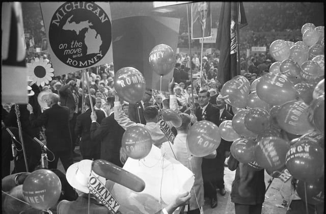 Delegates hold signs and balloons supporting the Michigan governor as a favorite son at the 1964 Republican National Convention