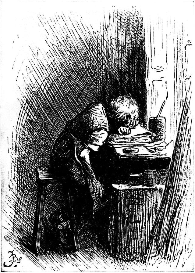 Illustration by Fred Bernard of Dickens at work in a shoe-blacking factory after his father had been sent to the Marshalsea, published in the 1892 edition of Forster's Life of Dickens