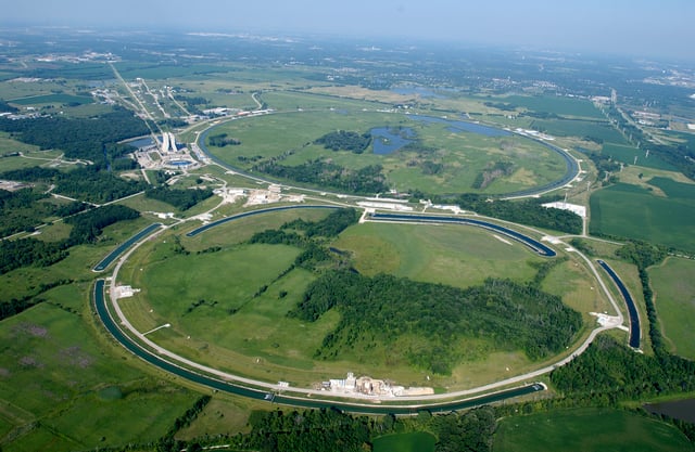 Aerial view of Fermilab, a science research laboratory co-managed by the University of Chicago.