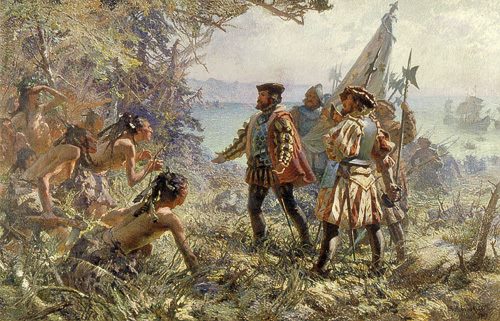 Depiction of Jacques Cartier's meeting with the indigenous people of Stadacona in 1535.