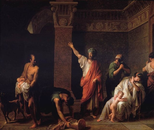 Painting of king Astyages sending Harpagus to kill young Cyrus