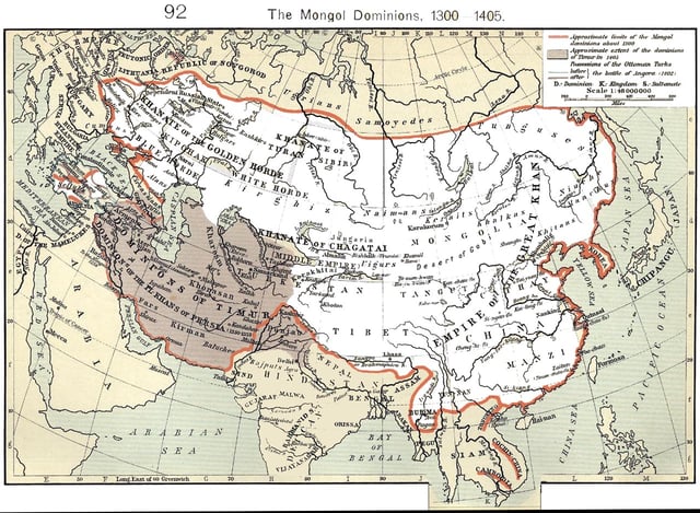 The Mongol Empire at its greatest extent. The gray area is the later Timurid Empire.