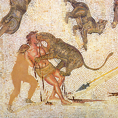 Condemned man attacked by a leopard in the arena (3rd-century mosaic from Tunisia)