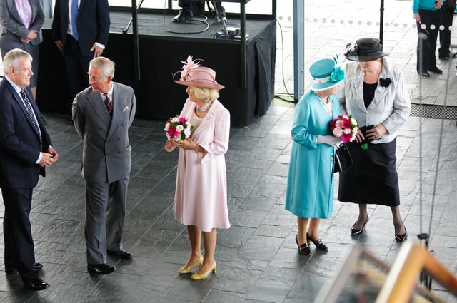 Official opening of the Fourth Assembly at the Senedd in Cardiff, Wales. From left to right: Carwyn Jones, the Prince of Wales, the Duchess of Cornwall, the Queen and Dame Rosemary Butler, 7 June 2011