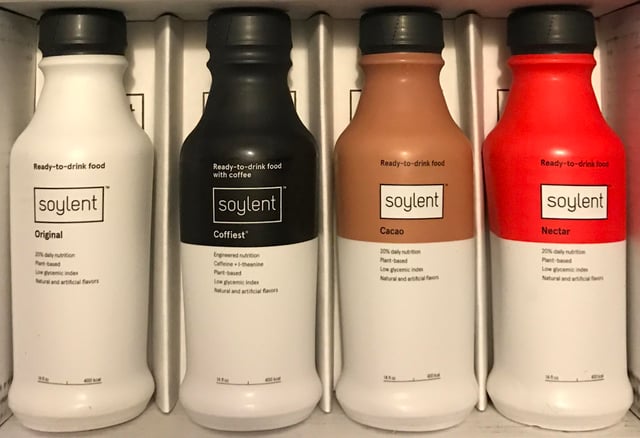Soylent Original, Coffiest, Cacao and Nectar bottles going from left to right.