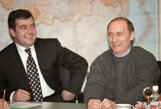 Medvedev with Vladimir Putin on 27 March 2000, a day after Putin's victory in the presidential election.