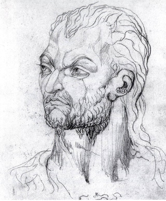 A sketch of Owain Glyndŵr as he appeared to William Blake in a late night vision. This is one of a number of such sketches known collectively as the Visionary Heads.